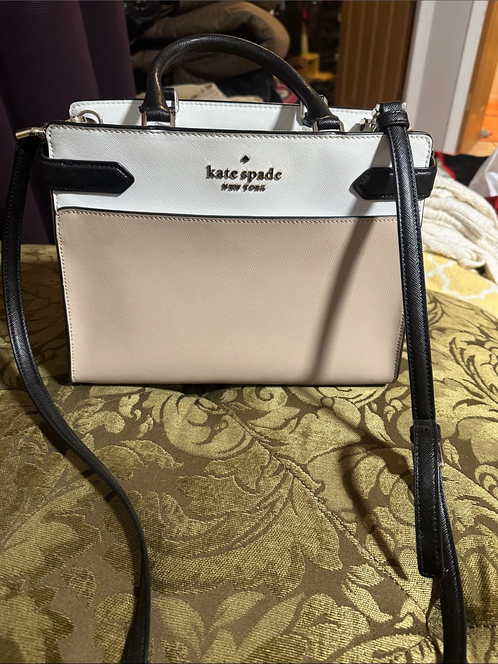 kate spade Two-Tone Leather Satchel in White, Cream & Black Trim cross body